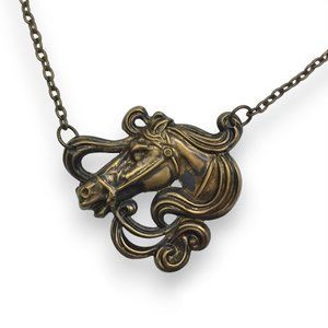 Antiqued Brass Victorian Carousel Horse Art Deco Aged Oxidized Pendant Necklace